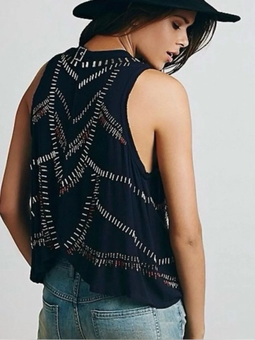 Free People Ferris Wheel Dark Blue Beaded Open Back Sleeveless Top Shirt Sz XS.